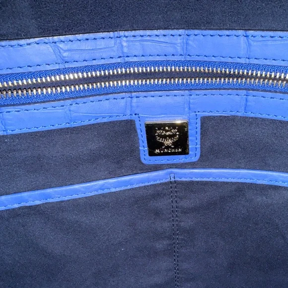 MCM Blue Croc-Embossed Leather Satchel Shoulder Bag EUC - Picture 8 of 8